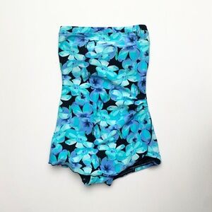 Vintage 90s Blue Floral Retro Tropical Strapless Skirt One Piece Swimsuit M 10